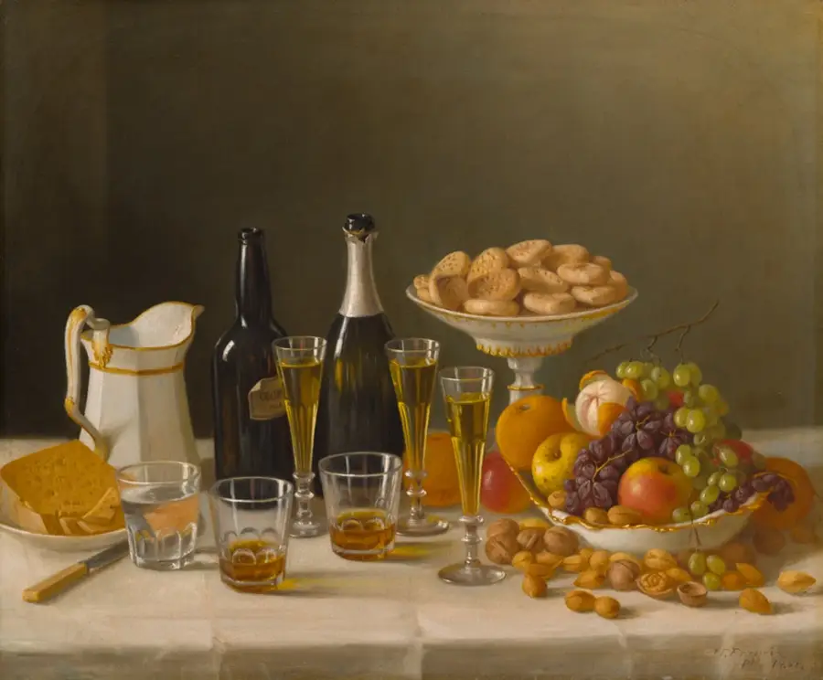 Pintura de una mesa servida con botellas de vino y espumante, copas, queso y fruta